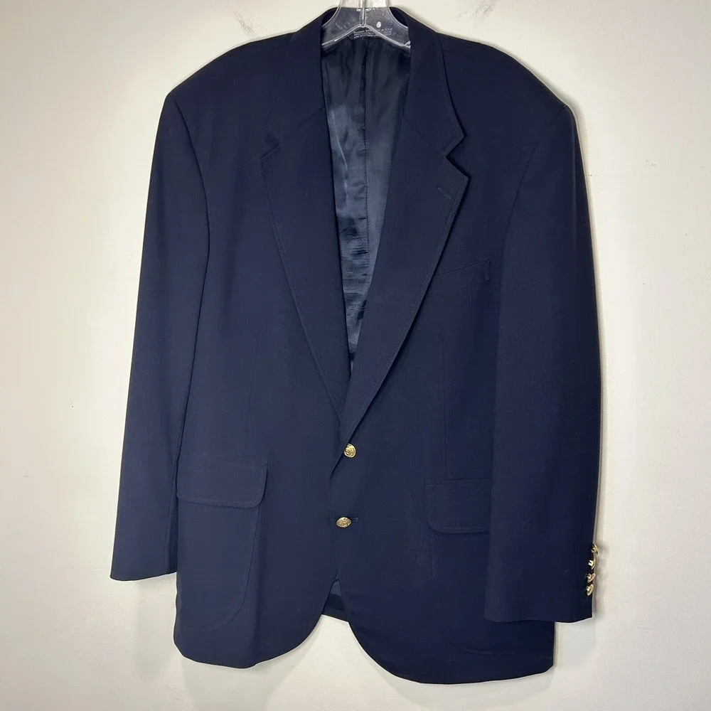 Lands End Men's 44R Wool Navy Blue Jacket Blazer Gold Crest Anchor Buttons EUC